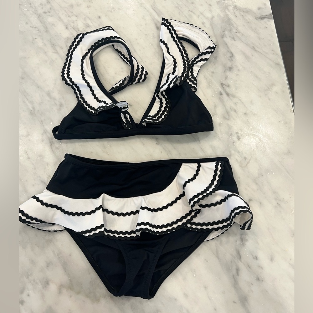 Nessi Byrd black and white ruffle bikini.